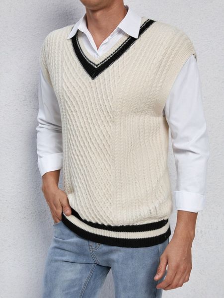 men cable knit striped trim cricket sweater vest without shirt f5u9#, White;black
men cable knit striped trim cricket sweater vest without shirt f5u9#, White;black