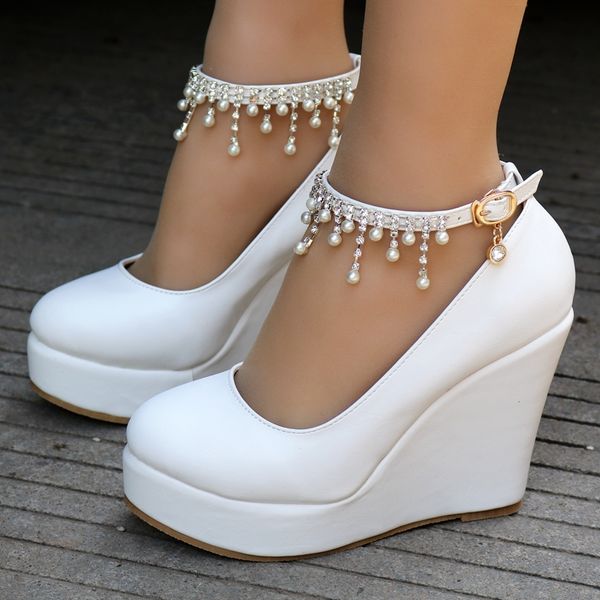 crystal queen ankle brace platform wedge pump high woman shoes xmzc, Black