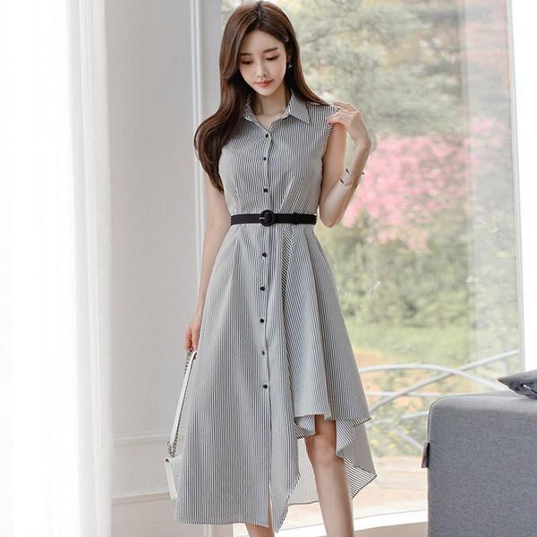 2020 summer korea striped dresses sleeveless belt single breasted irregular mid-calf casual women's clothes1, Black;gray
2020 summer korea striped dresses sleeveless belt single breasted irregular mid-calf casual women's clothes1, Black;gray