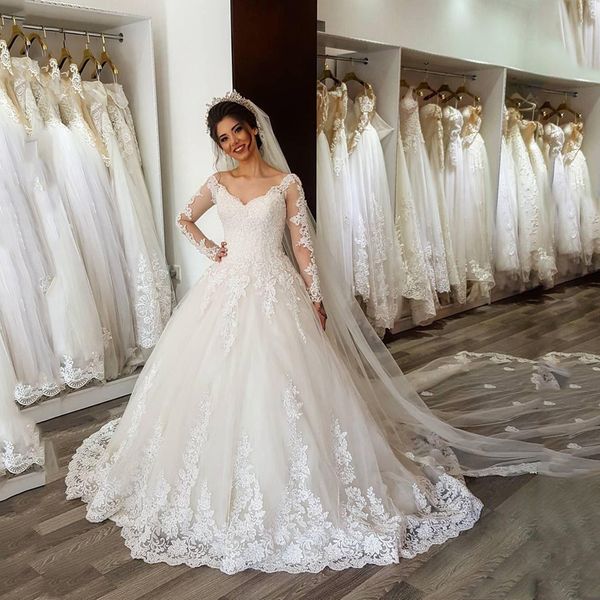 long sleeves a line lace wedding dresses 2021 with appliques v neck sweep train lace up back tulle bridal gowns, White
long sleeves a line lace wedding dresses 2021 with appliques v neck sweep train lace up back tulle bridal gowns, White