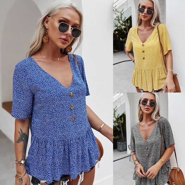 women floral v neck tshirt button stacked short sleeve summer tshirt ladies loose casual clothes, White
women floral v neck tshirt button stacked short sleeve summer tshirt ladies loose casual clothes, White