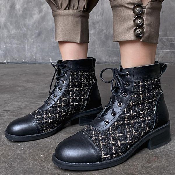 boots handmade genuine leather low platform cross tied round toe shoes lace up square heels plaid knitting women ankle, Black
boots handmade genuine leather low platform cross tied round toe shoes lace up square heels plaid knitting women ankle, Black