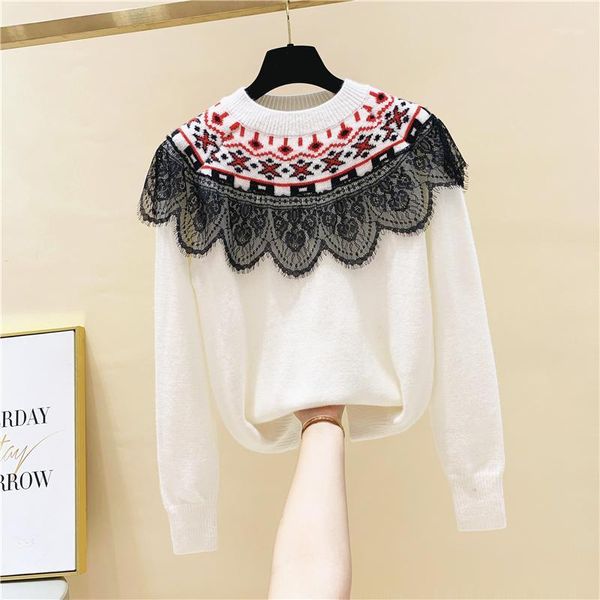 lace patchwork print pullover o neck sweater women's autumn and winter 2020 new fashion1, White;black
lace patchwork print pullover o neck sweater women's autumn and winter 2020 new fashion1, White;black