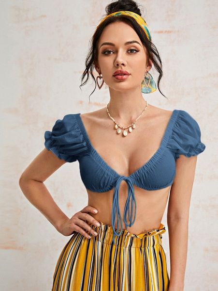 tie front solid crop milkmaid o5f0#, White 
tie front solid crop milkmaid o5f0#, White