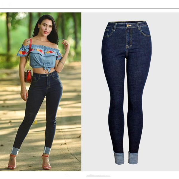 women's jeans skinny pants women high waist casual stretchy denim trousers streetwear, Blue