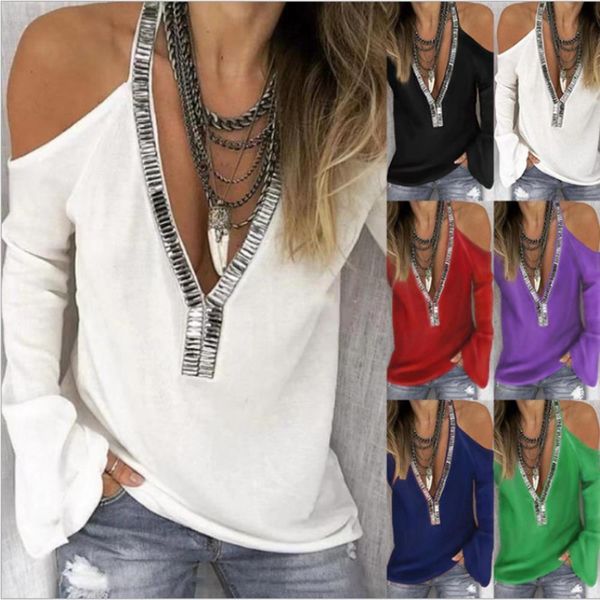 spring women t-shirts off shoulder metal sheets slim tees fashion halter long sleeve v neck sequins female tee plus size, White
spring women t-shirts off shoulder metal sheets slim tees fashion halter long sleeve v neck sequins female tee plus size, White