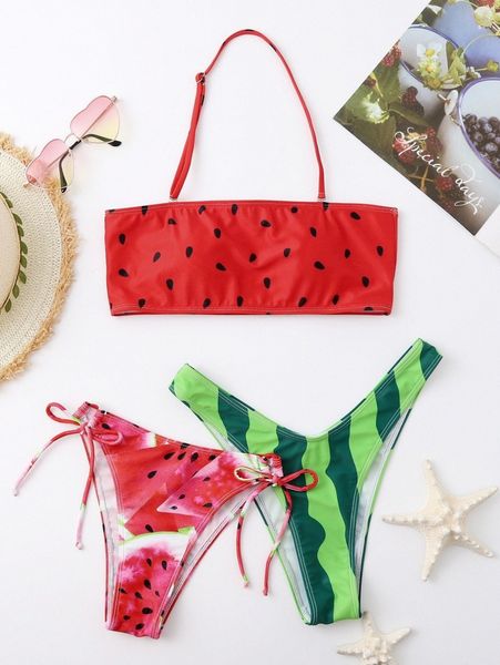3pack watermelon print high cut bikini swimsuit w2pf#, White;black