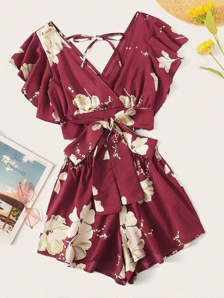 floral print knot hem butterfly sleeve with shorts l2dk#, White
floral print knot hem butterfly sleeve with shorts l2dk#, White