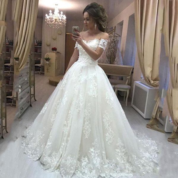 custom made off shoulder a line lace wedding dresses with appliques cap sleeves tulle sweep train plus size bridal gowns, White
custom made off shoulder a line lace wedding dresses with appliques cap sleeves tulle sweep train plus size bridal gowns, White