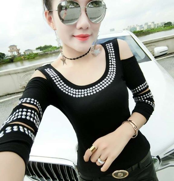 new spring summer 2019 punk style off shoulder hollow rivet t-shirt 3 / 4 women's medium sleeve stitching top, Black;gray
new spring summer 2019 punk style off shoulder hollow rivet t-shirt 3 / 4 women's medium sleeve stitching top, Black;gray