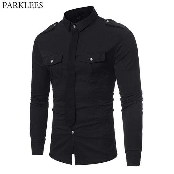 double pocket military style black shirt men casual contrast color fake tie social shirt male slim fit long sleeve chemise c1210, White;black
double pocket military style black shirt men casual contrast color fake tie social shirt male slim fit long sleeve chemise c1210, White;black