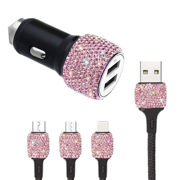 car phone charging cable bling diamond embedded nylon one drag three mobile phone data line car decorations decor dhl