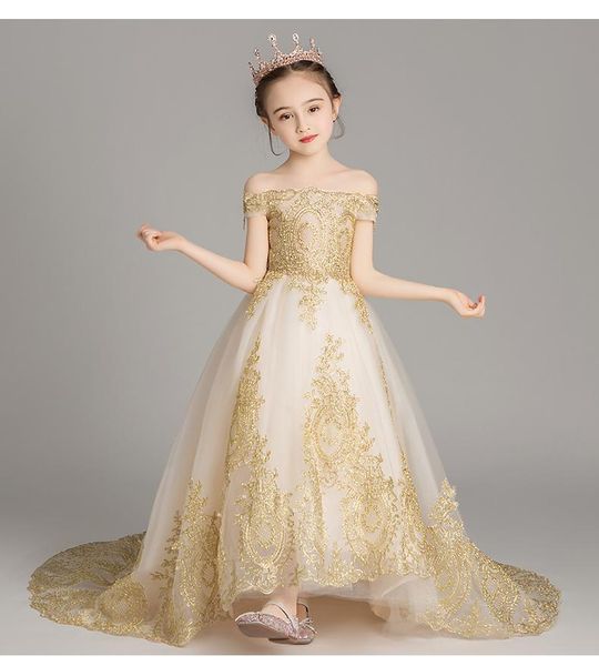 girl's dresses off shoulder girl wedding dress golden sequin lace kids party first communion gown baptism pageant flower, Red;yellow
girl's dresses off shoulder girl wedding dress golden sequin lace kids party first communion gown baptism pageant flower, Red;yellow