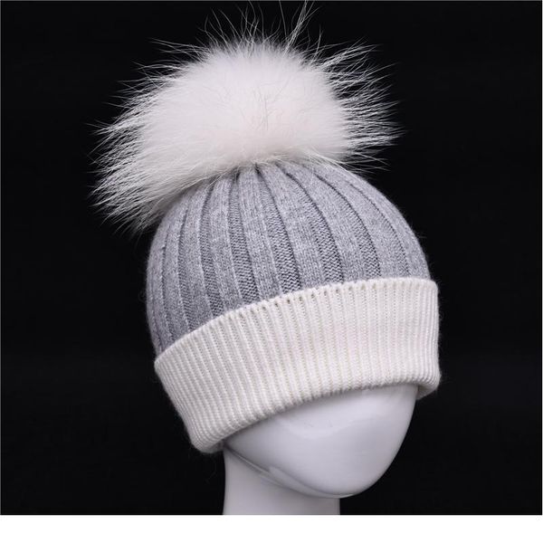 kids winter real fur hat children knitted cap real big fur pom pom hat wool beanies warm baby real raccoon jlltll, White