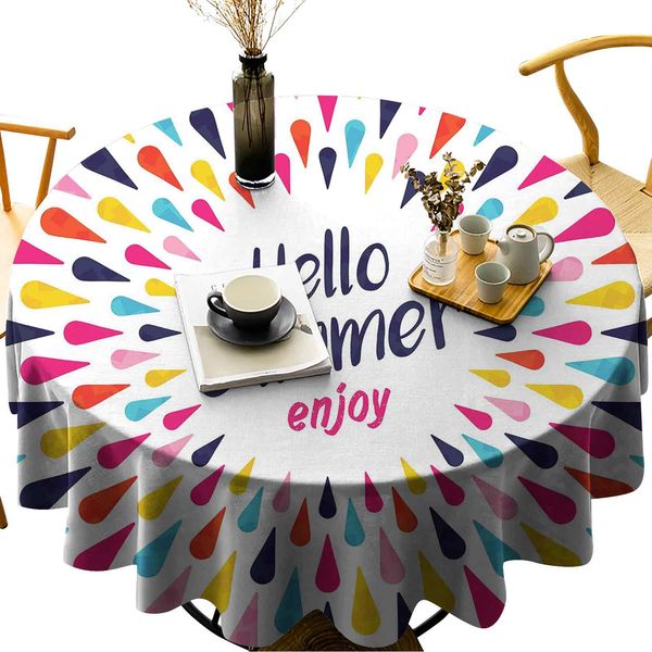 wipeable round table cover hello summer enjoy wording printed in the center of vivid colored bursting raindrops
wipeable round table cover hello summer enjoy wording printed in the center of vivid colored bursting raindrops