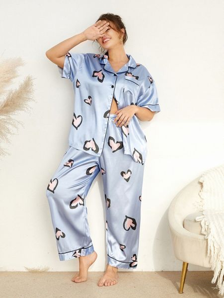 plus heart print contrast piping satin pj set a55s#, Black;white 
plus heart print contrast piping satin pj set a55s#, Black;white