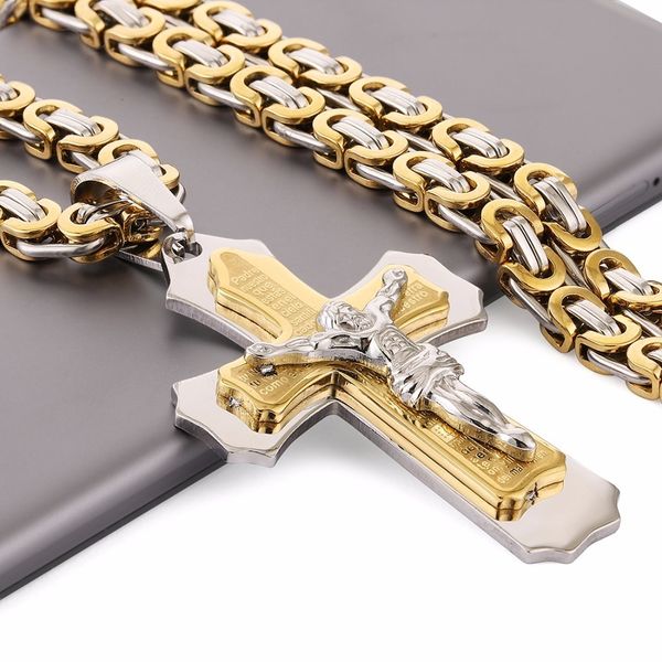 multilayer cross christ jesus pendant necklace stainless steel link byzantine chain heavy men jewelry gift 21.65" 6mm mn78 201014, Silver 
multilayer cross christ jesus pendant necklace stainless steel link byzantine chain heavy men jewelry gift 21.65" 6mm mn78 201014, Silver