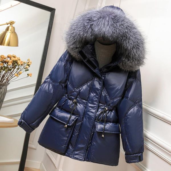 autumn winter women's glossy down hooded parkas with big fur collar casual thick waist fashion 2020 new winter down jacket1, Black