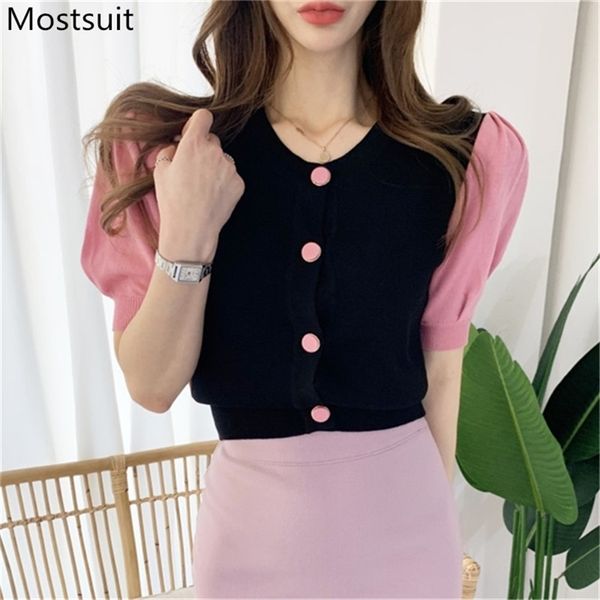 color-blocked korean knitted sweaters women summer lantern sleeve o-neck single-breasted fashion ladies pullovers y200910, White;black
color-blocked korean knitted sweaters women summer lantern sleeve o-neck single-breasted fashion ladies pullovers y200910, White;black