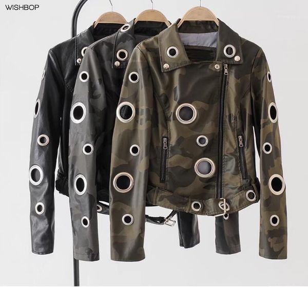 woman fashion camouflage print faux leather jacket with big metal eyelets holes lapel collar hem buckle belted long sleeves1, Black
woman fashion camouflage print faux leather jacket with big metal eyelets holes lapel collar hem buckle belted long sleeves1, Black