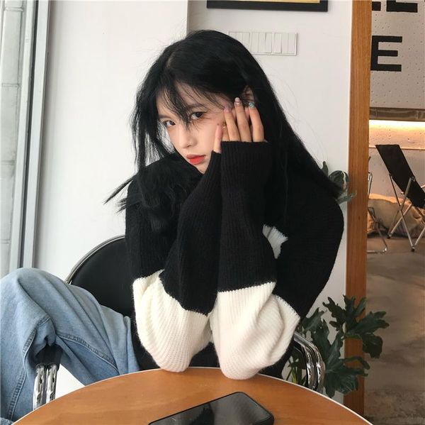 women's sweaters autumn/winter style korean retro high neck thick stitching contrast color stripe base knitted sweater, White;black
women's sweaters autumn/winter style korean retro high neck thick stitching contrast color stripe base knitted sweater, White;black