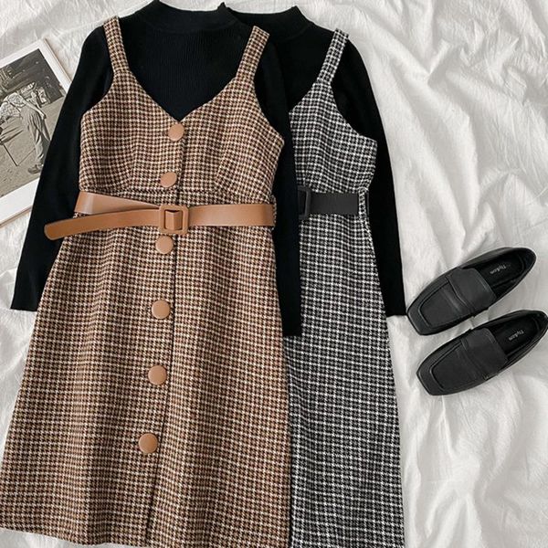two piece set women autumn winter korean style high collar black knitting + plaid vest dress with belt matching set, Gray
two piece set women autumn winter korean style high collar black knitting + plaid vest dress with belt matching set, Gray