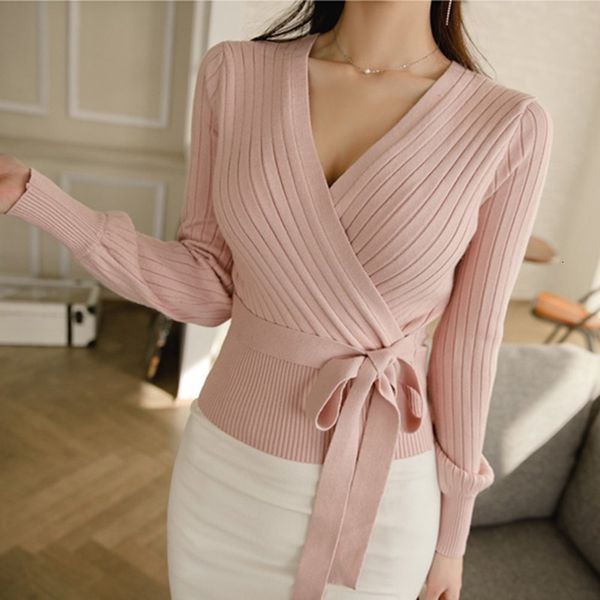fashion elegant pink v neck long sleeve up wrap sweater pullovers women spring fall black knitted jumper ladies, White;black 
fashion elegant pink v neck long sleeve up wrap sweater pullovers women spring fall black knitted jumper ladies, White;black