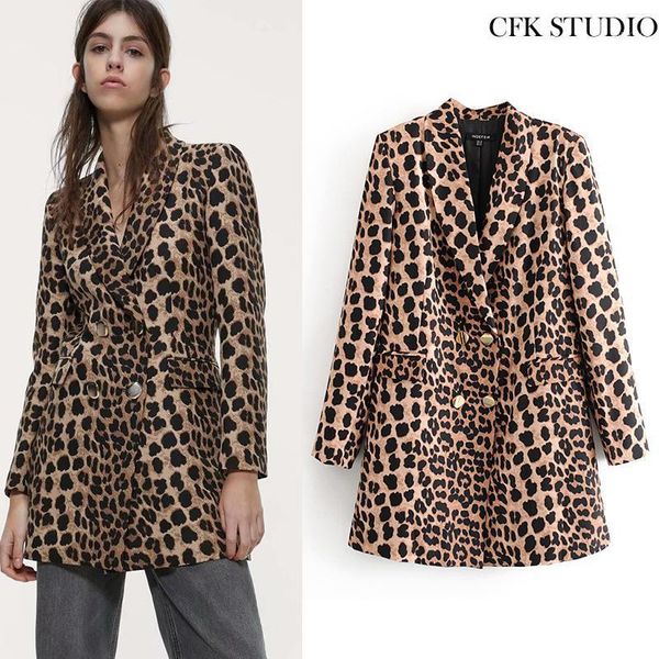 women blazer with v-neck double breasted leopard printed pocket spring loose coat femme casual oversize outwear1, White;black
women blazer with v-neck double breasted leopard printed pocket spring loose coat femme casual oversize outwear1, White;black