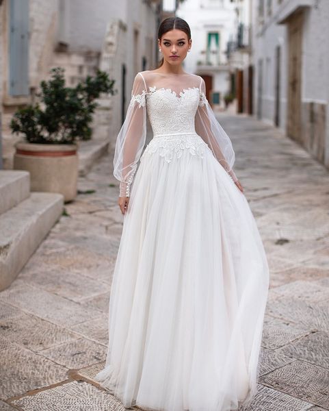 boho wedding dresses puff sheer long sleeves 2021 lace appliques bridal gowns covered button back floor length, White
boho wedding dresses puff sheer long sleeves 2021 lace appliques bridal gowns covered button back floor length, White