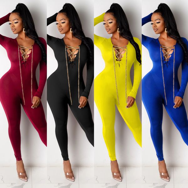 women jumpsuit designer 2020 slim v-neck chain cross strap long sleeve tight one-piece pants solid colour ladies new rompers, Black;white
women jumpsuit designer 2020 slim v-neck chain cross strap long sleeve tight one-piece pants solid colour ladies new rompers, Black;white