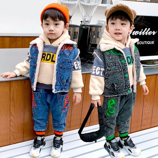 sweater denim vest pants three piece set children's plush boy's winter suit foreign style, White
sweater denim vest pants three piece set children's plush boy's winter suit foreign style, White