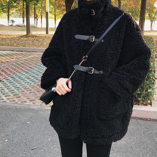 jane deiune 2021 new autumn winter women solid lamb wool jacket loose thicken double-faced fur korean chic outwear, Black 
jane deiune 2021 new autumn winter women solid lamb wool jacket loose thicken double-faced fur korean chic outwear, Black