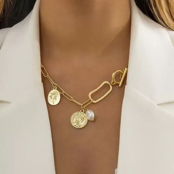 chokers diezi elegant imitation pearl choker necklace for women human head flower carved coin pendant chain statement jewelry, Golden;silver
chokers diezi elegant imitation pearl choker necklace for women human head flower carved coin pendant chain statement jewelry, Golden;silver