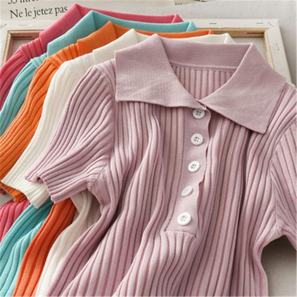 2021 solid candy color knitted t shirt women turn down collar short sleeve buttons tee t-shirt femme camiseta feminina, White
2021 solid candy color knitted t shirt women turn down collar short sleeve buttons tee t-shirt femme camiseta feminina, White
