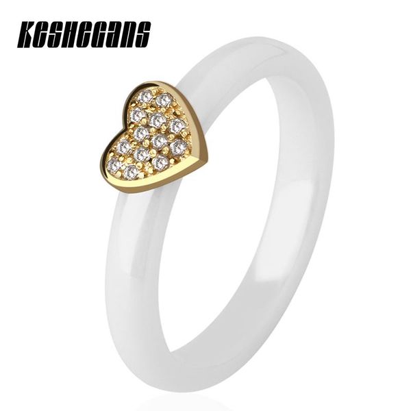 wedding rings fashion women jewelry gold heart ceramic ring with bling shiny rhinestone for girl exquisite 3mm wide romantic gift, Slivery;golden