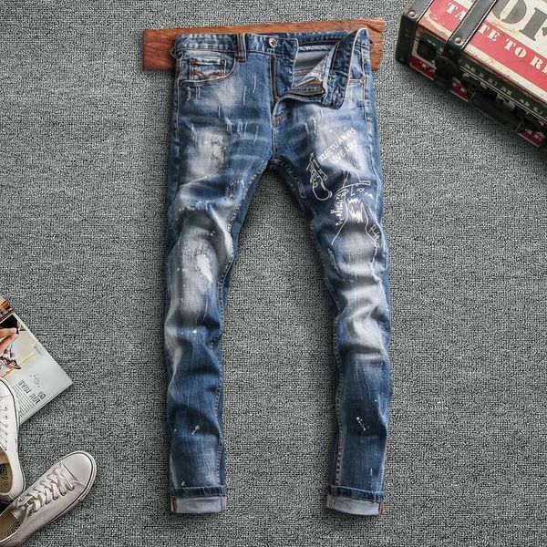 men's jeans fashion streetwear men retro blue elastic slim fit ripped cotton denim pants printed designer hip hop trousers
men's jeans fashion streetwear men retro blue elastic slim fit ripped cotton denim pants printed designer hip hop trousers