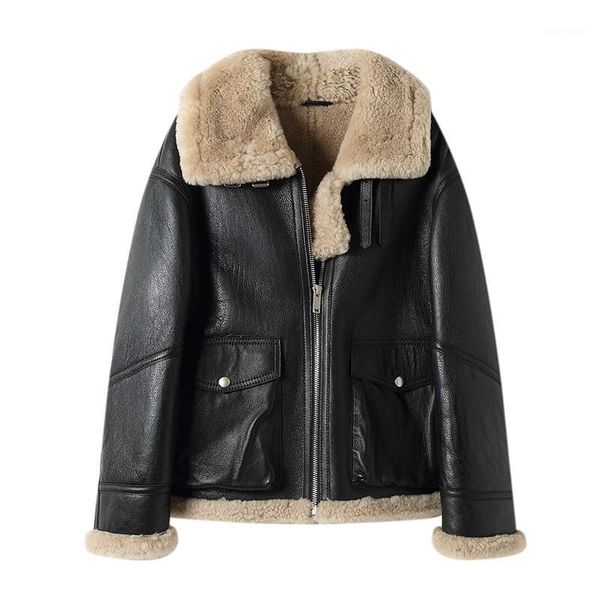 women's fur & faux winter natural coat female streetwear sheep shearling leather jacket women korean fashion double faced coats 1071, Black
women's fur & faux winter natural coat female streetwear sheep shearling leather jacket women korean fashion double faced coats 1071, Black