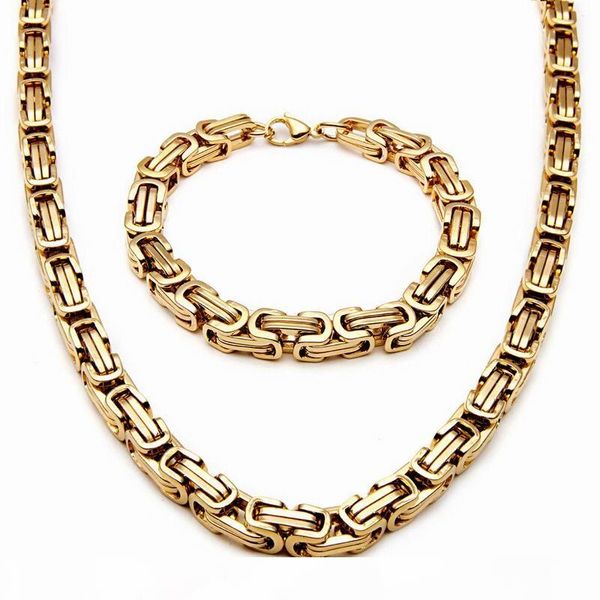 wholesale 8mm stainless steel mens necklace bracelet set byzantine chain black silver gold color 55cm necklace