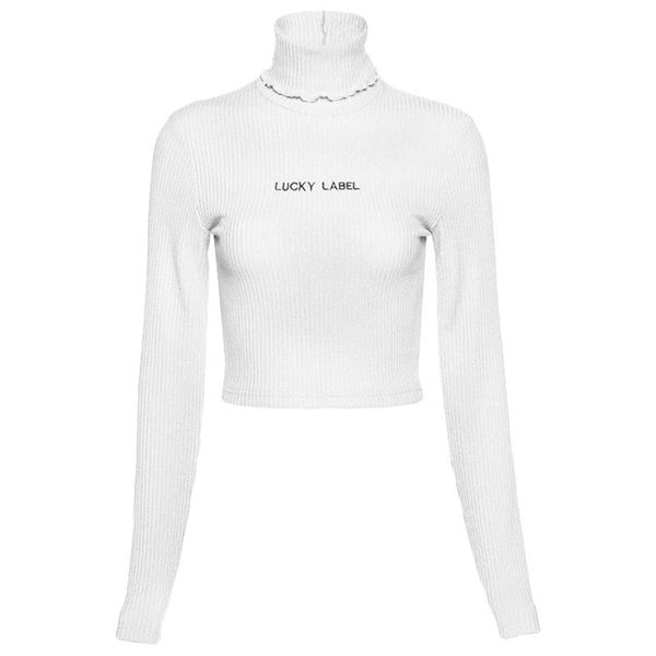 women long sleeve ribbed slim t-shirt ruffles turtleneck letters embroidery e56a, White
women long sleeve ribbed slim t-shirt ruffles turtleneck letters embroidery e56a, White