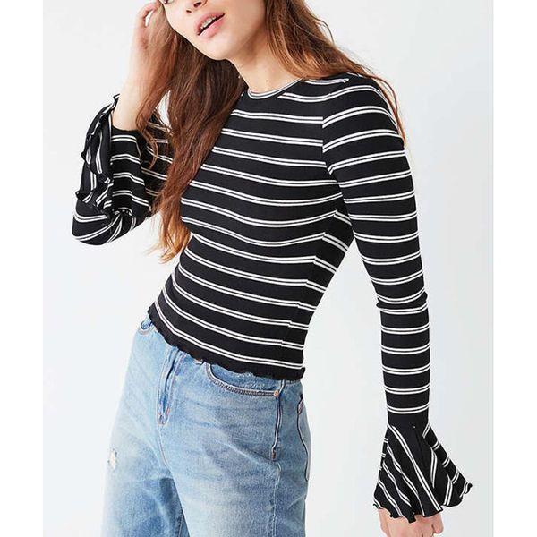 women slim t-shirt autumn flare sleeve crew neck bell sleeve striped tee female casual t-shirts, White
women slim t-shirt autumn flare sleeve crew neck bell sleeve striped tee female casual t-shirts, White