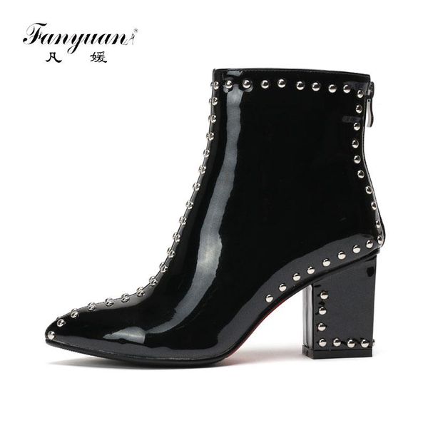 fanyuan solid patent leather ankle boots pointed toe rivet motorcycle boots autumn high heel zipper fashion women shoes, Black
fanyuan solid patent leather ankle boots pointed toe rivet motorcycle boots autumn high heel zipper fashion women shoes, Black