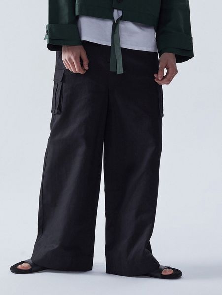 men pocket side wide leg pants p5l4#, Black