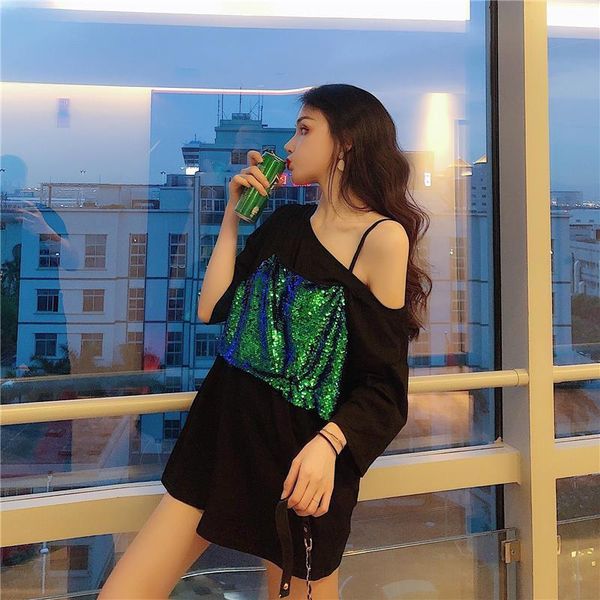 women's t-shirt 2021 summer fashion fake two-piece sequins off-shoulder short-sleeved, White
women's t-shirt 2021 summer fashion fake two-piece sequins off-shoulder short-sleeved, White