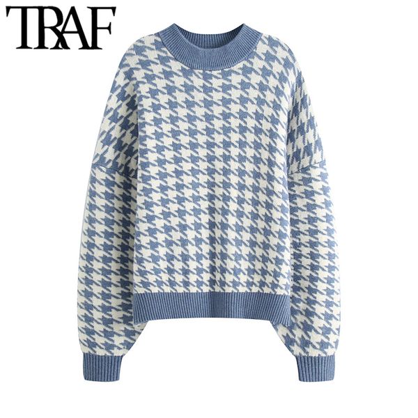 traf women fashion oversized jumper houndstooth knitted sweaters vintage long sleeve loose female pullovers chic c1120, White;black 
traf women fashion oversized jumper houndstooth knitted sweaters vintage long sleeve loose female pullovers chic c1120, White;black