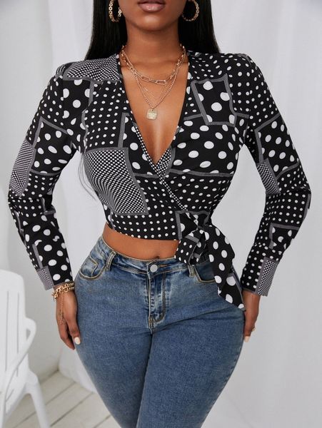 sxy polka dot tie side wrap blouse g5kd#, White