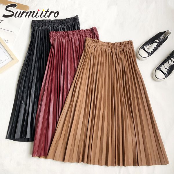 surmiitro 2020 autumn winter women korean style super quality black red pu leather high elastic waist midi pleated female skirt y1214
surmiitro 2020 autumn winter women korean style super quality black red pu leather high elastic waist midi pleated female skirt y1214