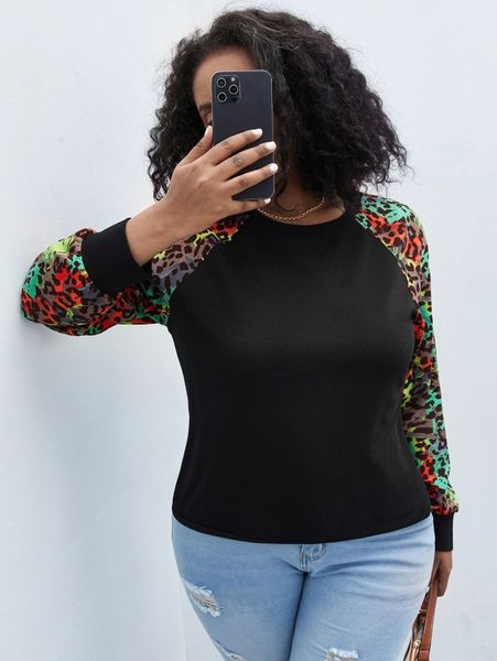 plus leopard raglan sleeve pullover 05sc#, Black 
plus leopard raglan sleeve pullover 05sc#, Black