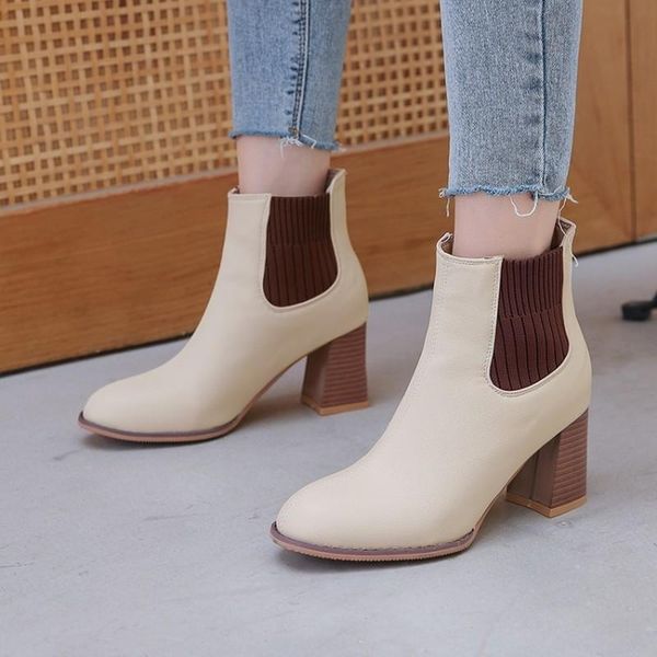 pu leather boots women fashion round toe ladies ankle boots for women square heels elastic band shoes, Black 
pu leather boots women fashion round toe ladies ankle boots for women square heels elastic band shoes, Black