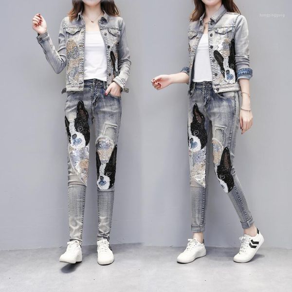 european 2020 spring autumn new heavy industry sequin love dog denim jacket small feet jeans jfmhrx two piece set women1, White
european 2020 spring autumn new heavy industry sequin love dog denim jacket small feet jeans jfmhrx two piece set women1, White