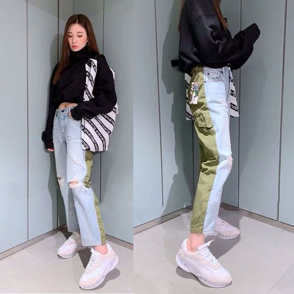 2020 spring summer women's light blue / army green patchwork spliced jeans pencil pants with holes a2
2020 spring summer women's light blue / army green patchwork spliced jeans pencil pants with holes a2